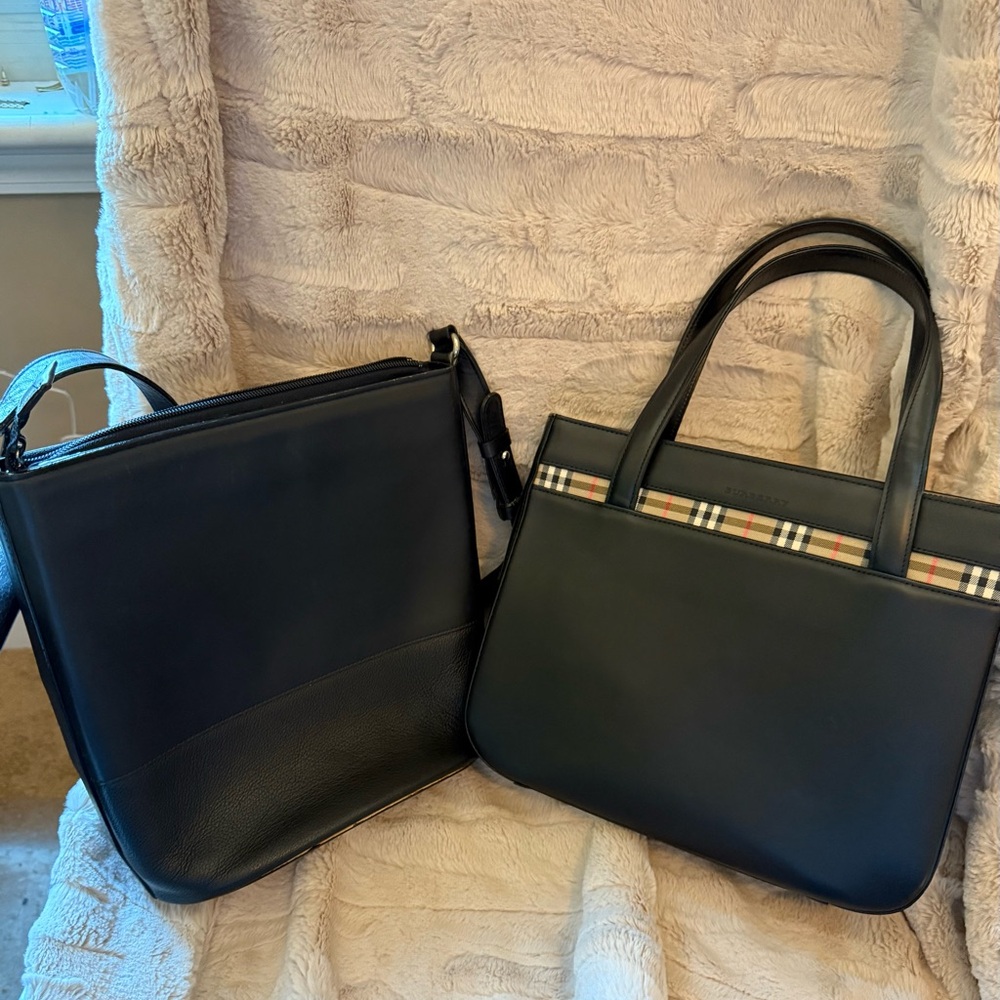 2 Authentic Vintage Burberry Black Designer Tote and Shoulder Bag Set